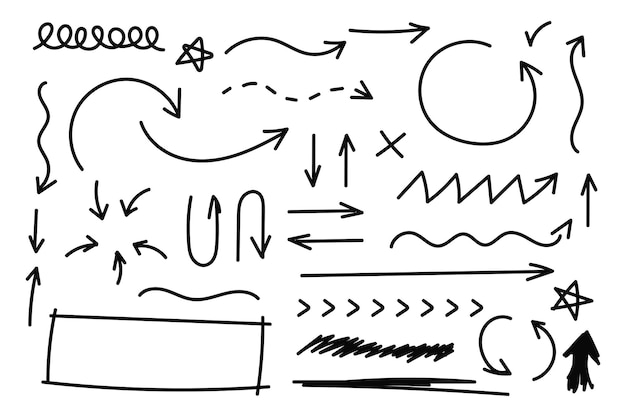 Handgetekende doodle stijl collectie van pijlen cirkels en vorm collectie Vector illustratie