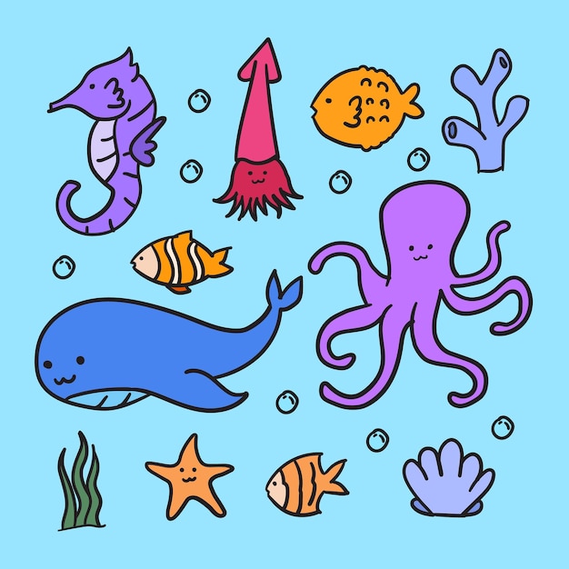 Handgetekende Doodle zeeleven vis dier collectie set decoratie voor onderwijs element