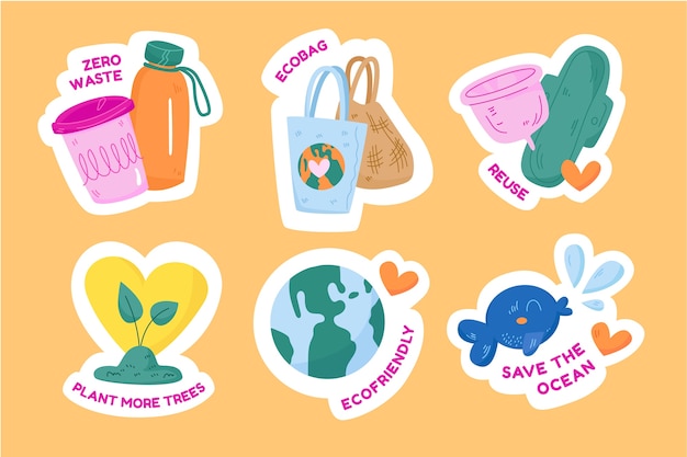 Vector handgetekende ecologie-badges met plat ontwerp