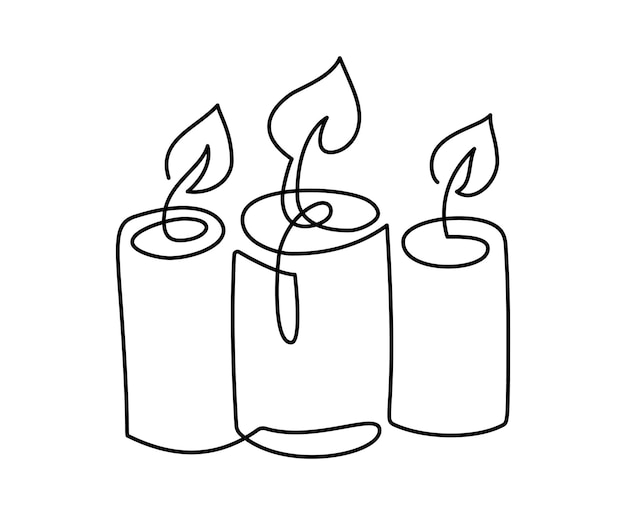 Handgetekende één lijnvector brandend drie kaarsen logo icoon Continue kerst advent