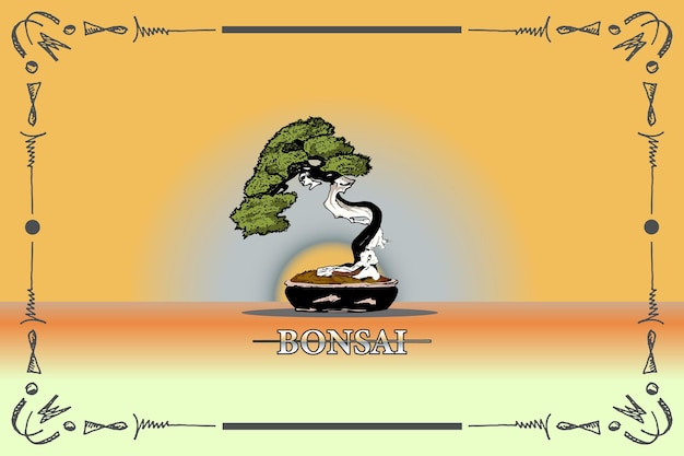 Handgetekende eenvoudige en mooie bonsai plant gekleurde zonsondergang achtergrond cartoon stijl