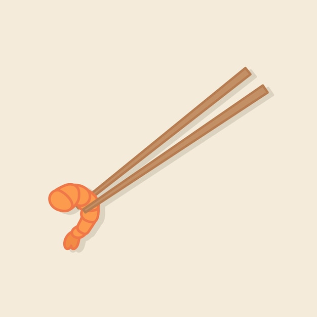 Handgetekende eetstokjes en garnalen. Aziatisch eten. Cartoon vector pictogram illustratie voedsel-object.