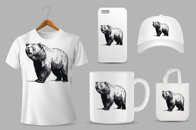 Vector handgetekende effen kleur grizzly bear illustratie op verschillende productsjablonen