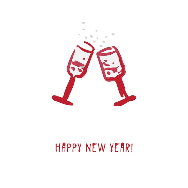 Handgetekende feestelijke kerst- en nieuwjaarskaart met champagneglas van vakantiesymbolen en kalligrafische groetinscriptie