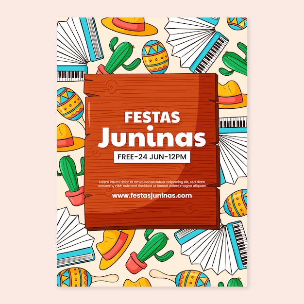 Handgetekende festas juninas poster met accordeon