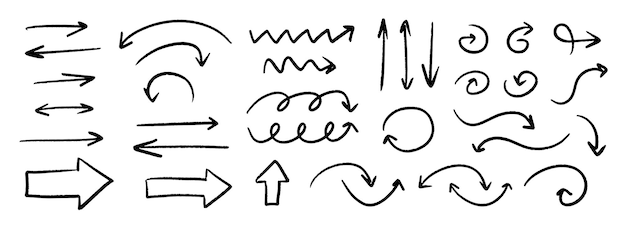 Handgetekende gebogen en rechte pijl set Zwarte grunge schets pijl collectie Doodle geschetst poin