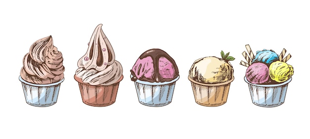 Handgetekende gekleurde schets van ijsballen bevroren yoghurt of cupcakes in kopjes