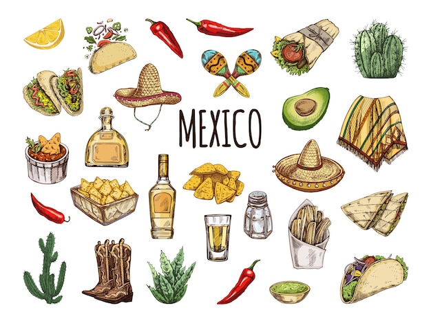 Handgetekende gekleurde set van realistische Mexicaanse elementen Vintage schetstekeningen van Latijns-Amerika