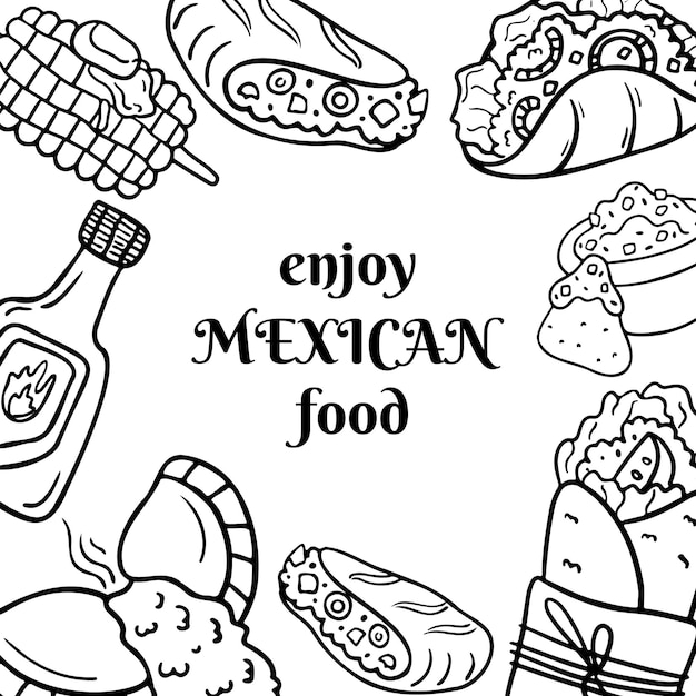 Handgetekende gerechten uit de Mexicaanse keuken Voedsel kleurboek