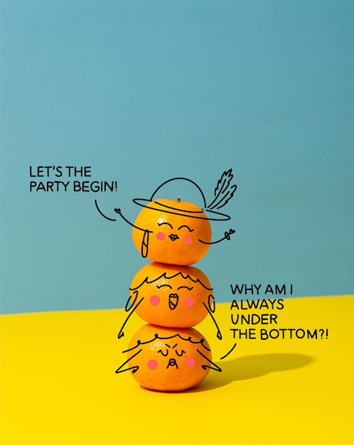 Vector handgetekende grappige mandarijnse vrienden cartoon personage
