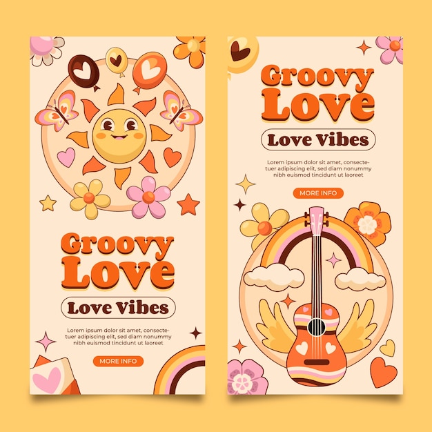 Handgetekende groovy liefdesbanners