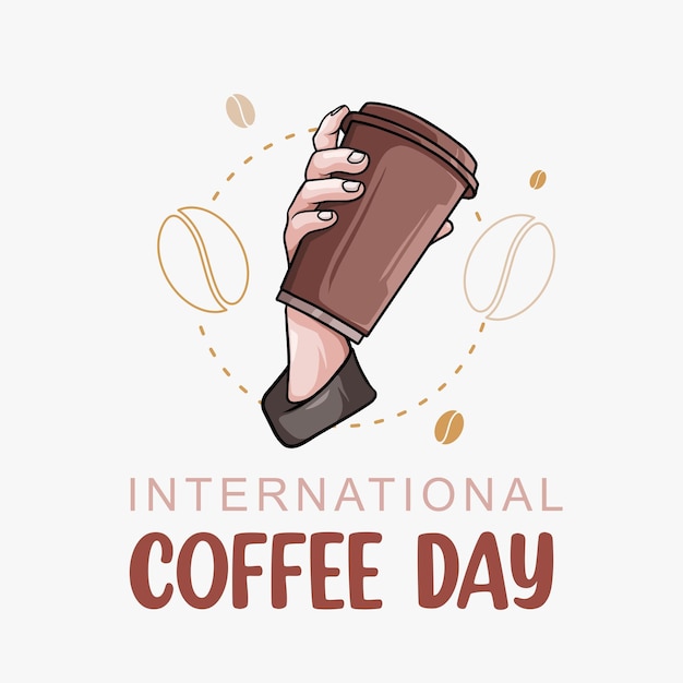 Handgetekende hand met koffiekopje voor internationale koffiedag