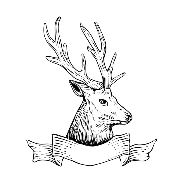 Vector handgetekende herten logo lijntekeningen gravure stijl