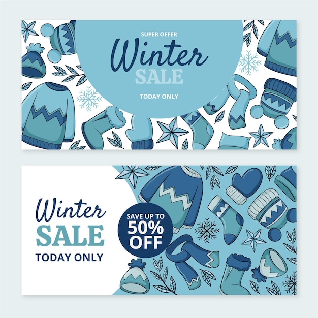 Handgetekende horizontale winterverkoop banners set