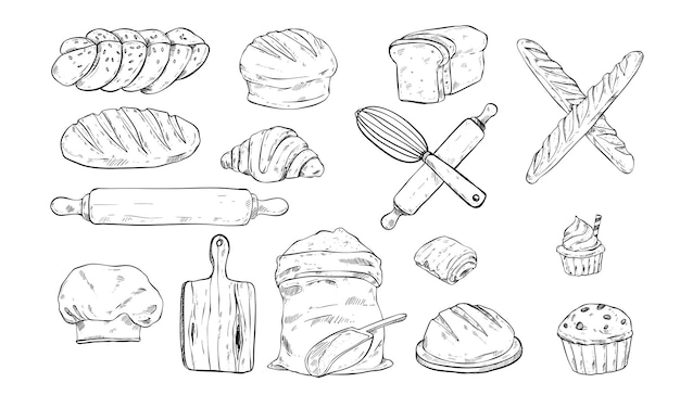 handgetekende illustratie gravure van bakkersapparatuur