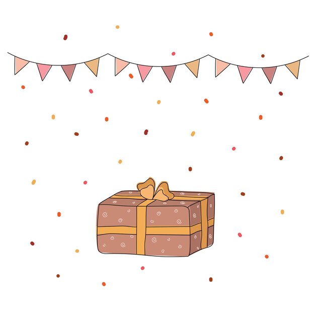 Handgetekende illustratie met een geschenkconfetti en een slinger in pastelkleuren voor ontwerp of kaart