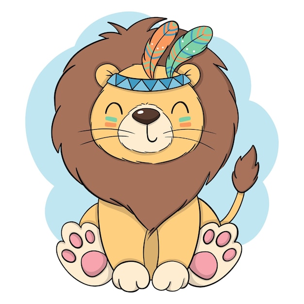 Handgetekende illustratie met een schattige tribale leeuw