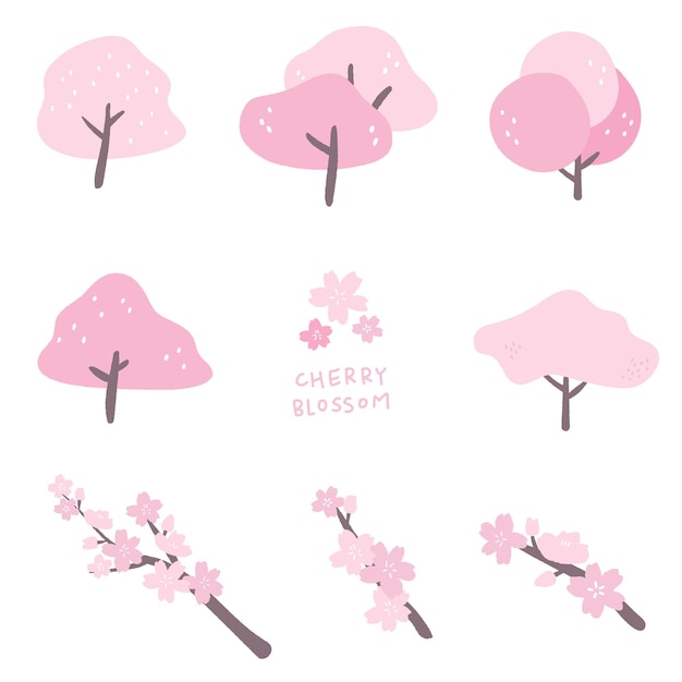 Handgetekende illustratie set kersenbloesem in bloei