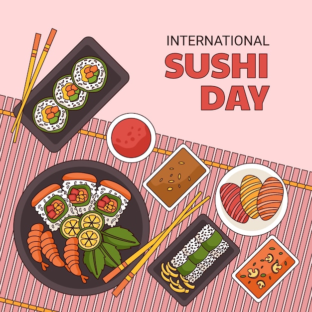 Handgetekende illustratie van de Internationale Sushi Dag