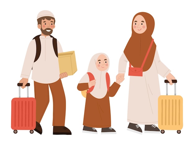 Handgetekende illustratie van een moslimfamilie op vakantie