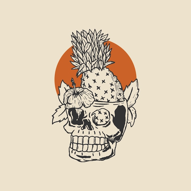 Handgetekende illustratie van een schedel en een ananas met een tropisch thema