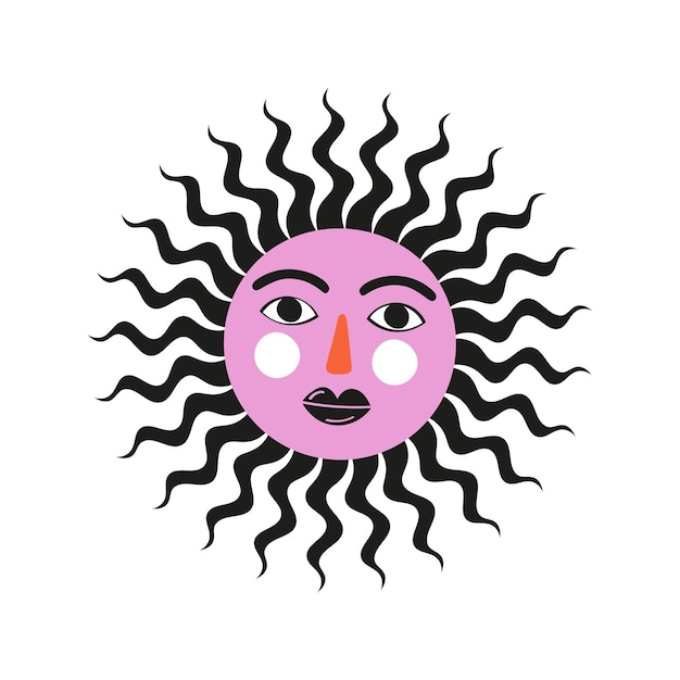 Handgetekende illustratie van een zon met een gezicht. Vectorillustratie geïsoleerd op een witte achtergrond