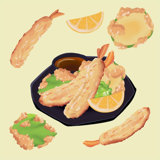 Vector handgetekende illustratie van japanse garnalen tempura