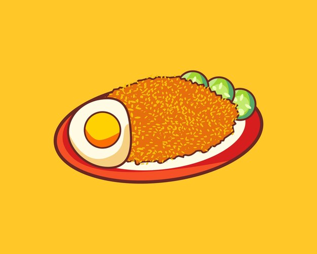 Vector handgetekende illustratie van nasi goreng op een bord met plakjes komkommer en ei