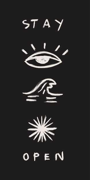 Handgetekende illustratie van oog strand en zon met de inscriptie open blijven op zwarte achtergrond