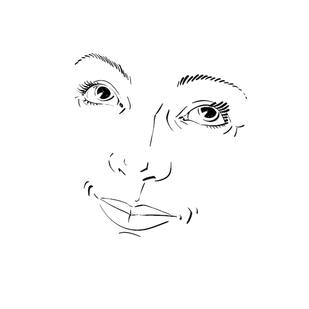 Handgetekende illustratie van vrouw gezicht, zwart-wit masker met emoties. Kenmerken van mooi romantisch meisje, poseren voor portret.