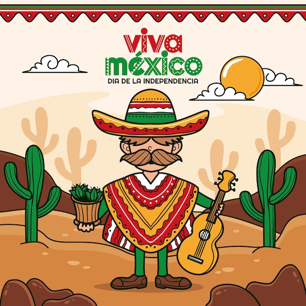 Handgetekende illustratie voor de onafhankelijkheidsviering van Mexico