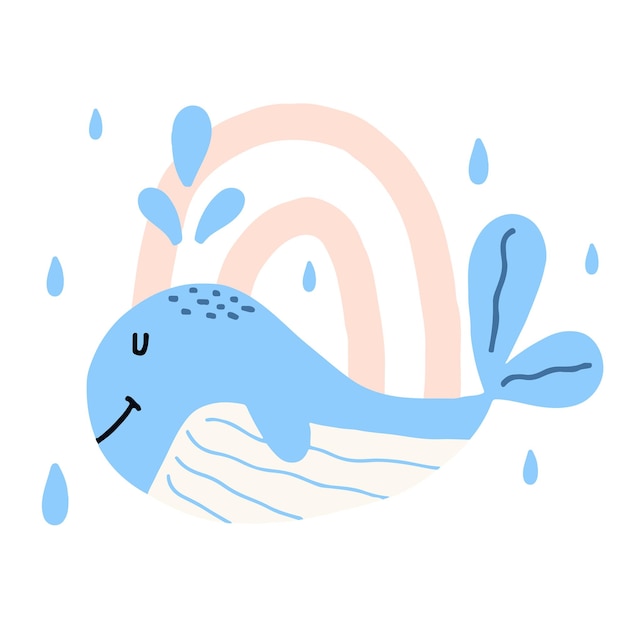 Handgetekende illustratie voor kinderen van een blauwe vinvis met regenboog en regen