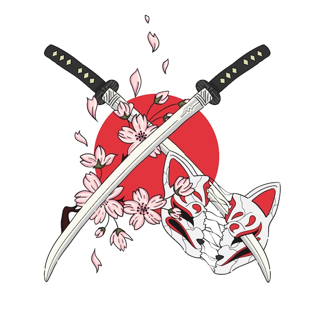 Vector handgetekende illustratie zwaard en masker in japanse stijl