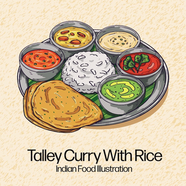 Handgetekende Indiase keuken Vector Illustratie Curry met rijst