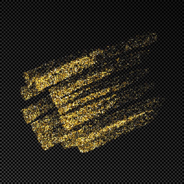 Handgetekende inktvlek in gouden glitter. gouden inktvlek met sparkles geïsoleerd op donkere transparante achtergrond. vector illustratie