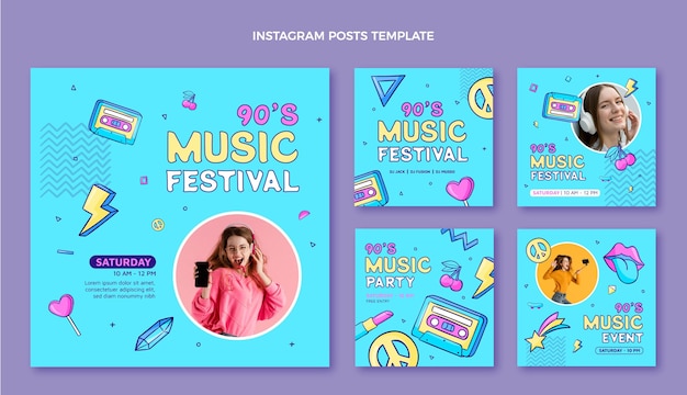 Handgetekende instagram-berichten van muziekfestivals uit de jaren 90