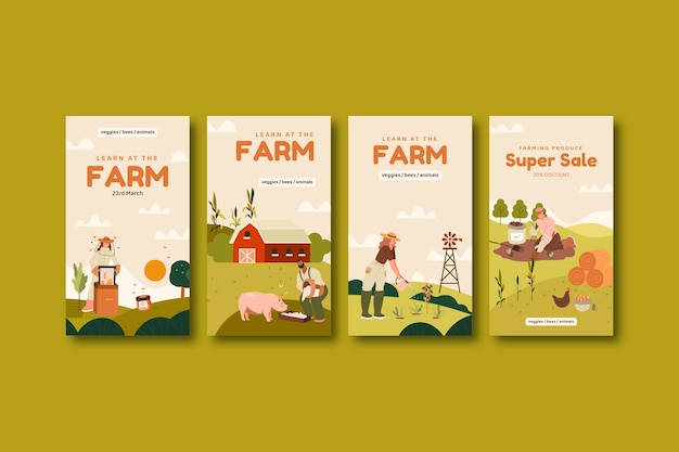 Handgetekende instagram-verhalen over de levensstijl van de boerderij