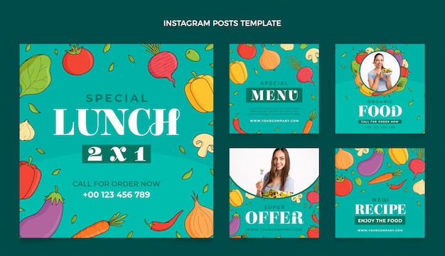 Vector handgetekende instagramposts voor eten