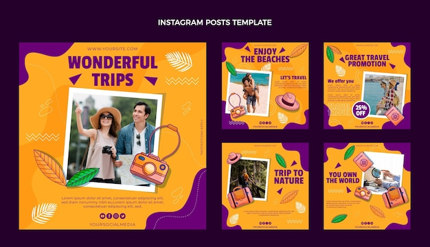 Vector handgetekende instagramposts voor reizen