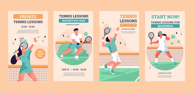 Vector handgetekende instagramverhalen over tennisgames