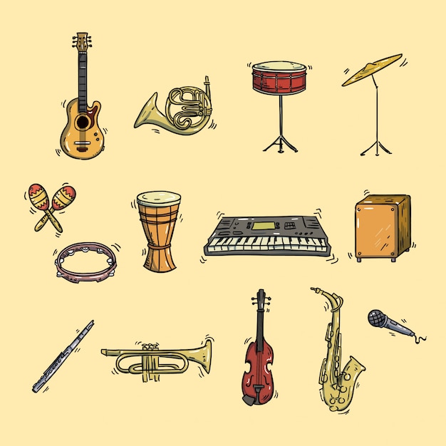 Handgetekende instrument icon illustratie set