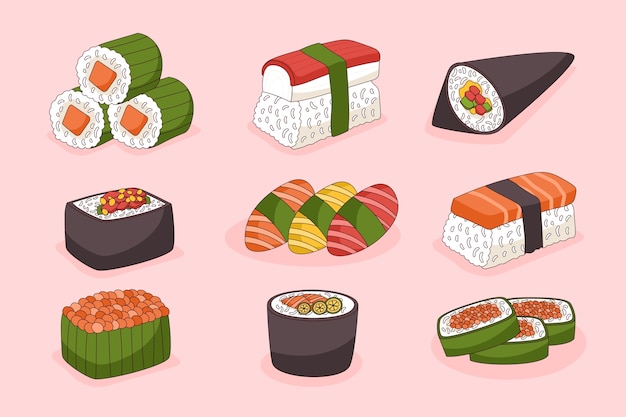 Handgetekende internationale sushi dag ontwerp elementen collectie