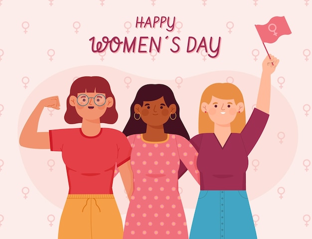 Handgetekende internationale vrouwendag illustratie met vrouwen die vuist en vlag opheffen