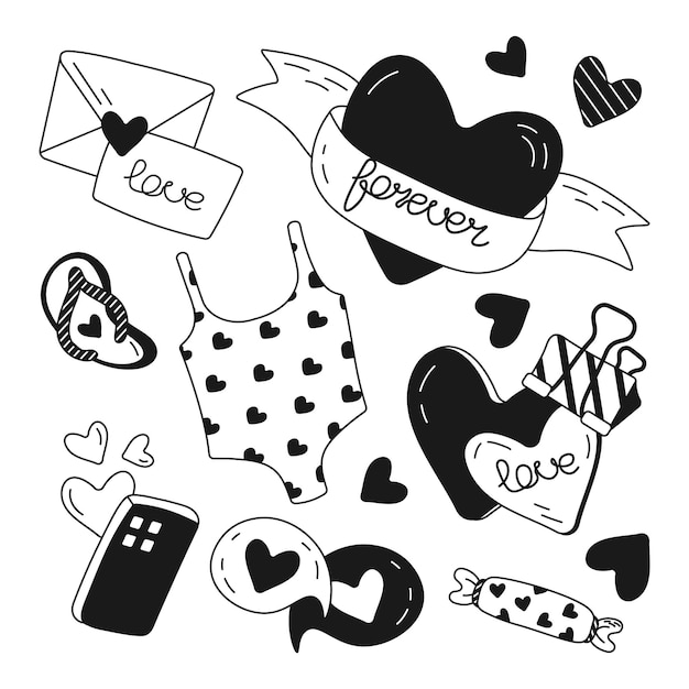 Vector handgetekende items voor valentijnsdag illustratie en vector