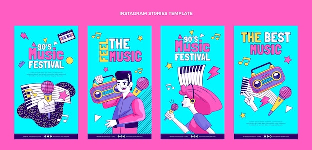 Vector handgetekende jaren 90 nostalgische muziekfestival ig stories