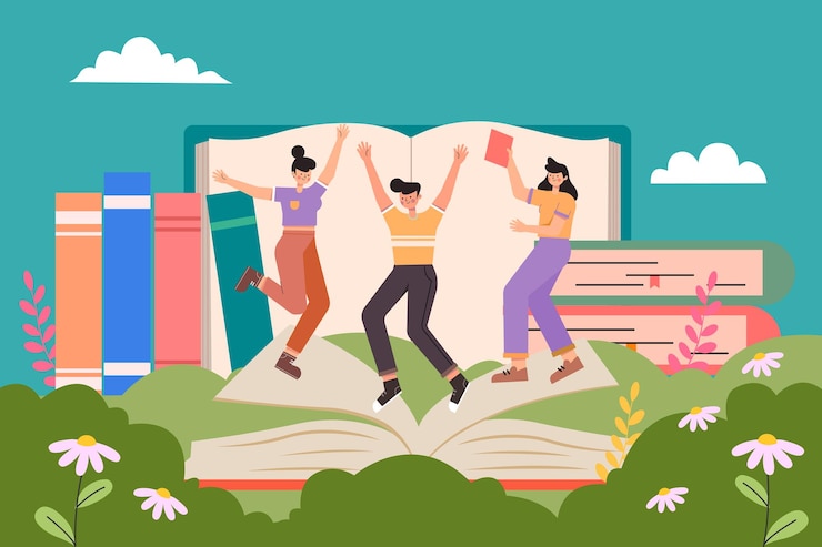 Handgetekende jongeren met boekenillustratie