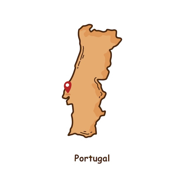 Handgetekende kaart van Portugal met bruine kleur Modern Simple Line Cartoon Design