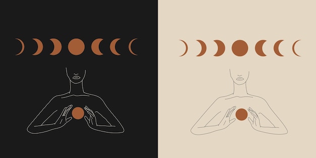 Handgetekende kaarten van silhouet mystieke vrouwen met maan in zeer fijne tekeningen. Spirituele abstracte jonge vrouw