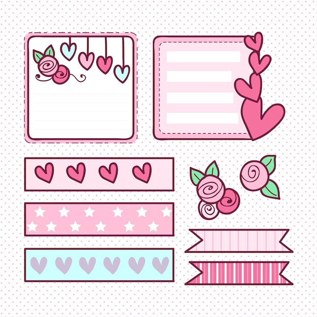 Vector handgetekende kawaii hart doodle scrapbook elementen