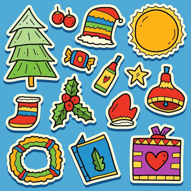 Vector handgetekende kerst doodle cartoon sticker ontwerp